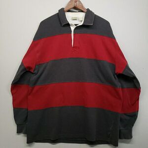 Vintage LL Bean Heavyweight Rugby Shirt Mens L Long Sleeve Striped Polo Red Gray